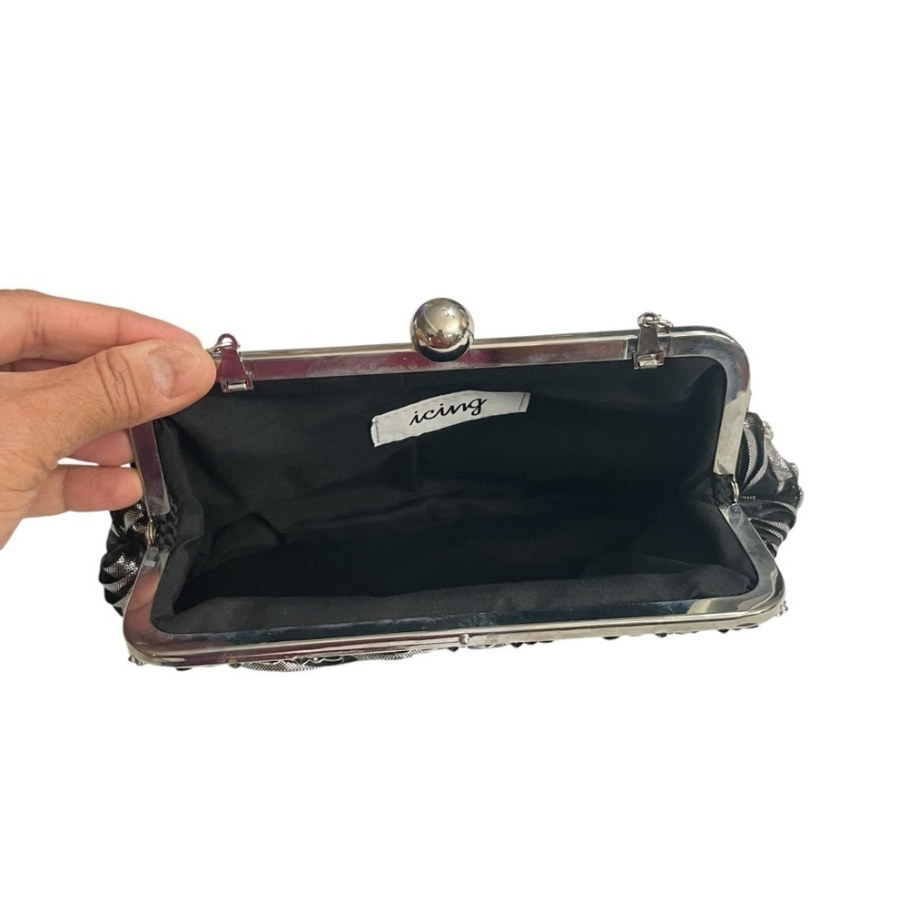 ICING Black Rose Floral Evening Bag Silver chain, Rhinestone Purse Clutch - Picture 8 of 12